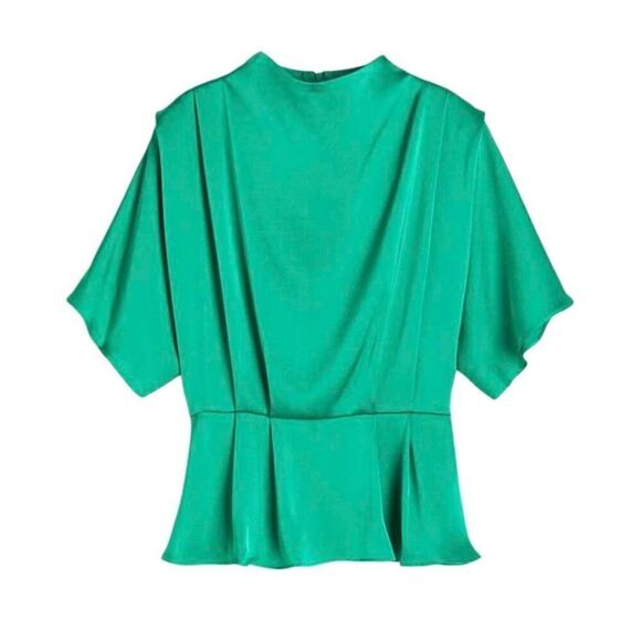 H&M Women's Turquoise Green Poly Satin Charmeuse Stand Collar Short Batwing Slee - Picture 1 of 8
